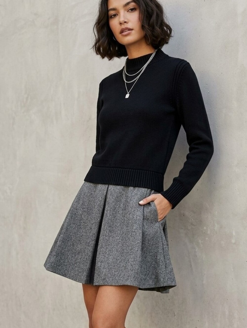 Mare Black Knit & Grey Tweed Two Piece Look Sweater Dress Medium
